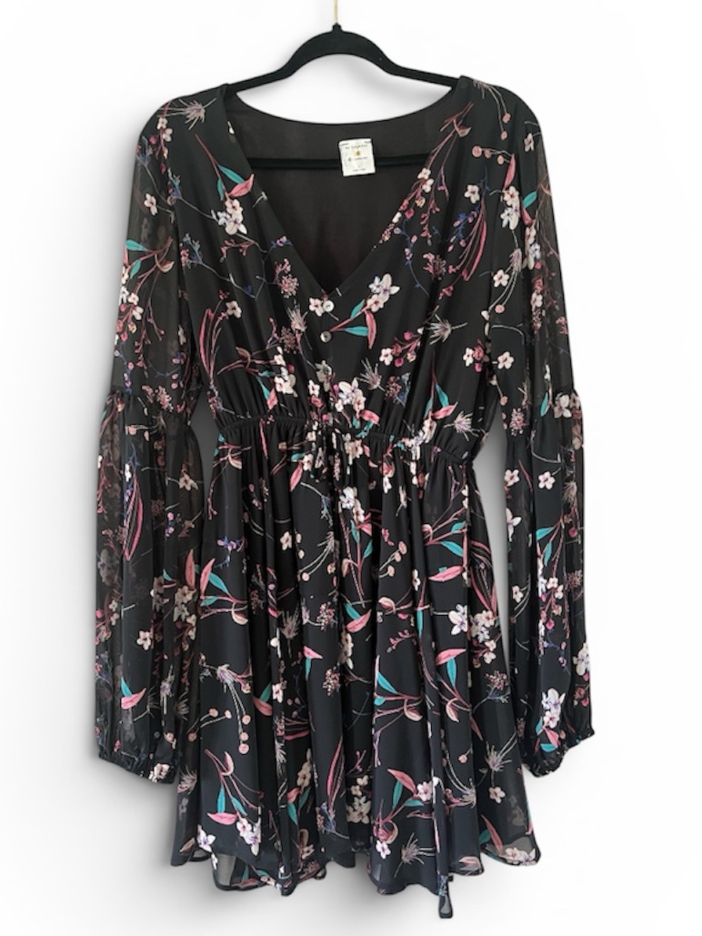 Black Floral V-Neck Long Sleeve Dress